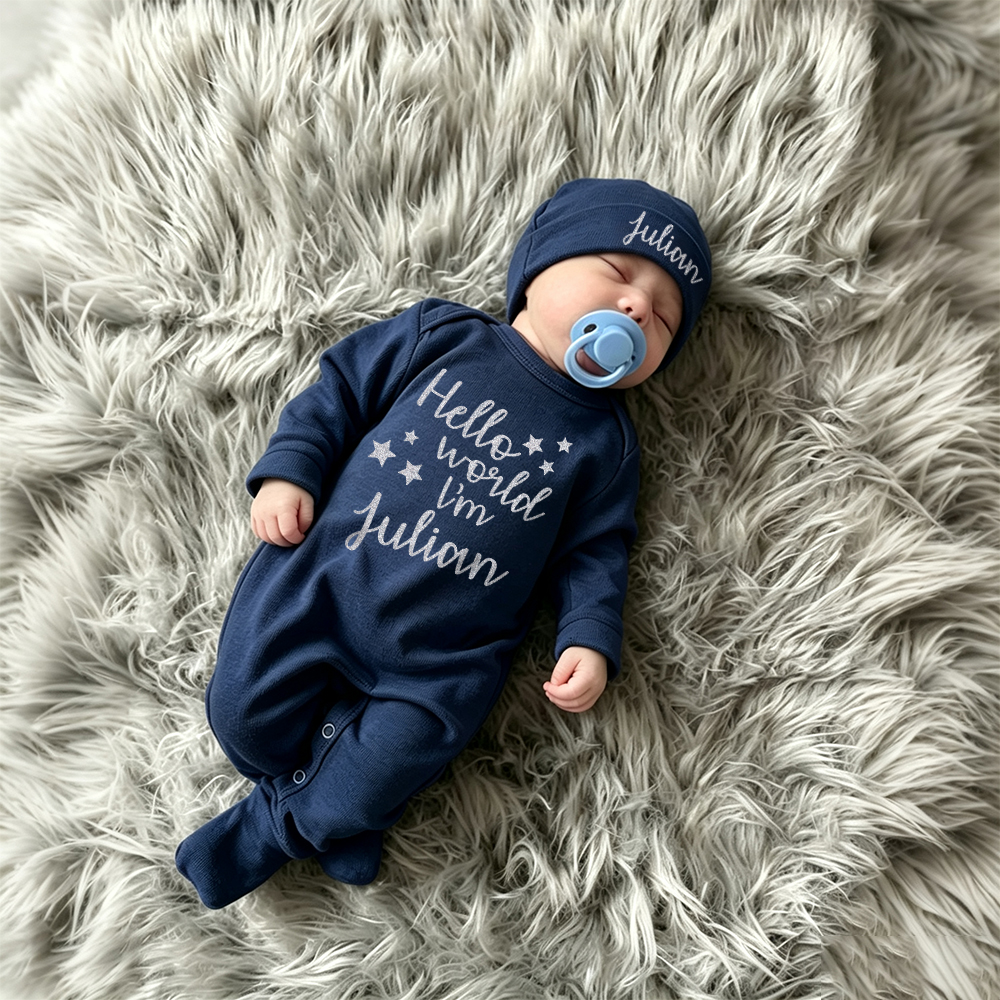 Personalized Baby Hello World Romper & Hat Set | CWBaby536