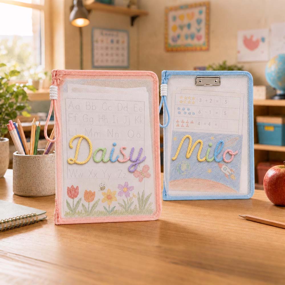Personalized Hand Embroidered Homework Folder With Handle For Kids | CWToy207