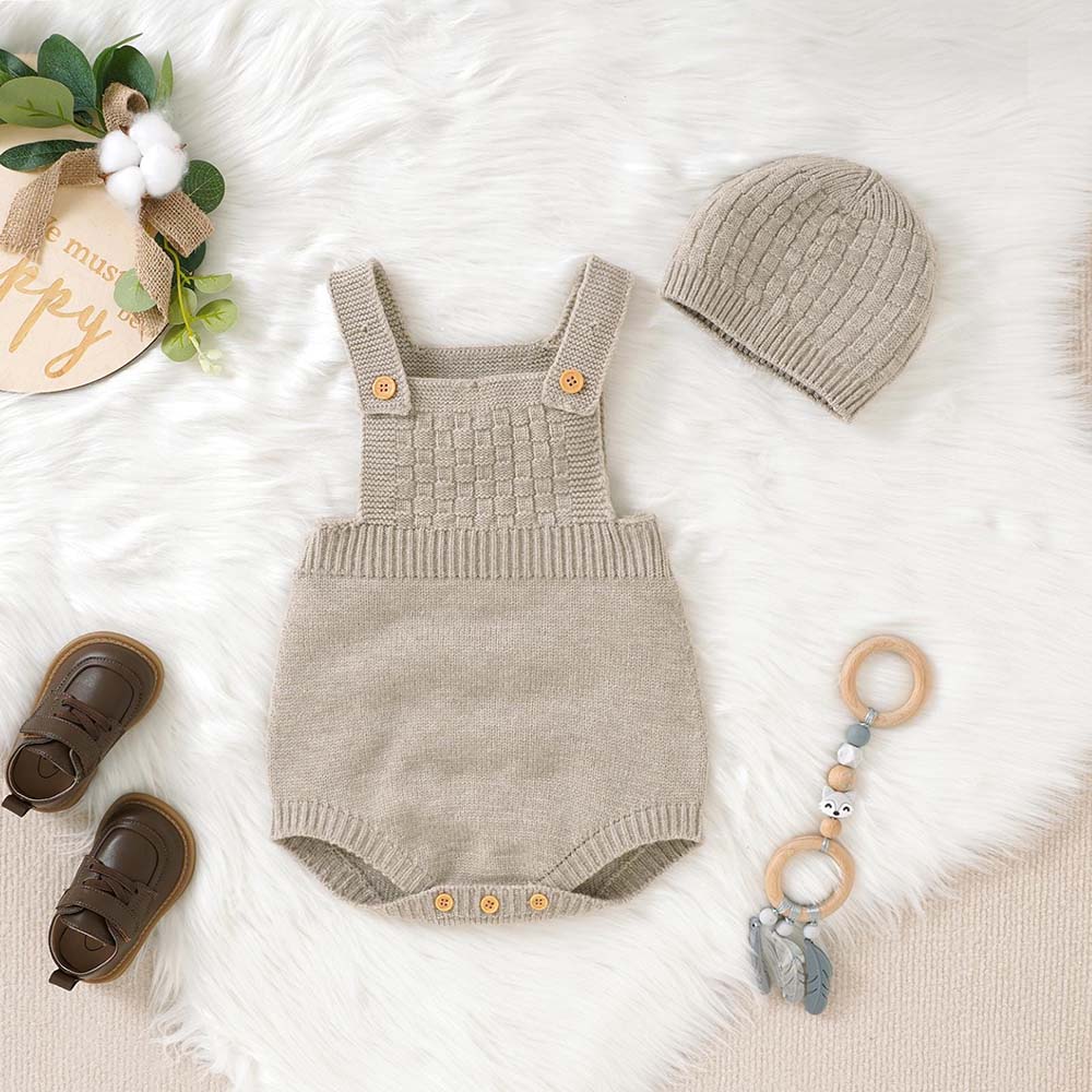 Personalized Embroidered Baby Knit Newborn Romper Set With Beanie | CWBaby538