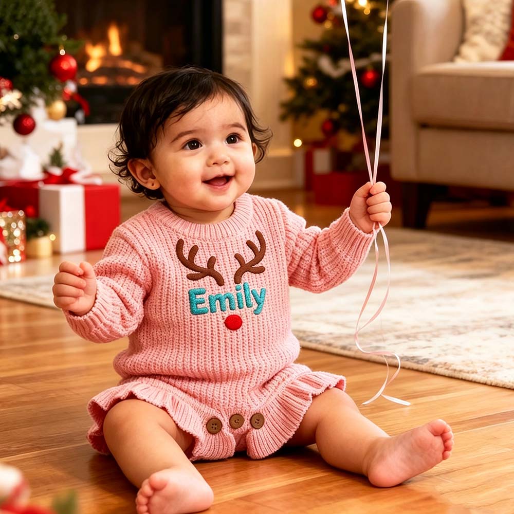 Personalized Embroidered Reindeer Baby Romper Set With Bow Headband & Socks | MCGift388