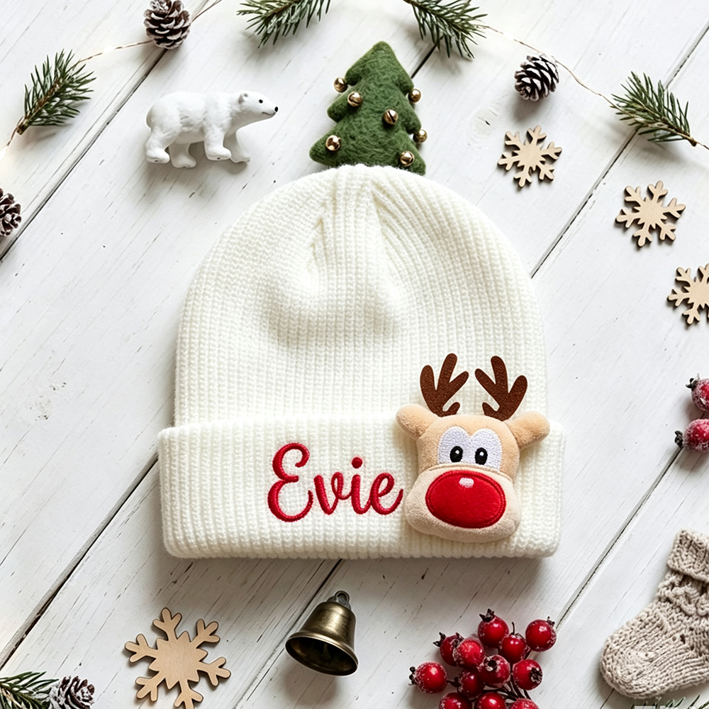 Personalized Embroided Christmas Reindeer Color Beanie | HSKid51