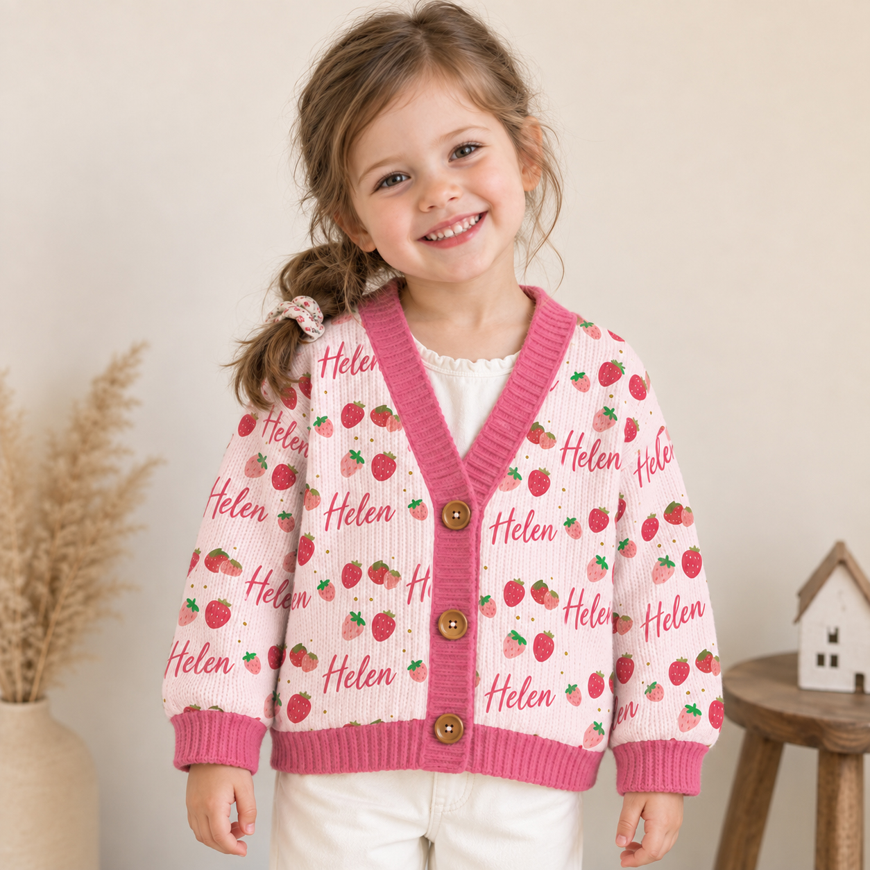 Personalized Lovely Kids Sweetheart Strawberry Knit Sweater | CWSweater10
