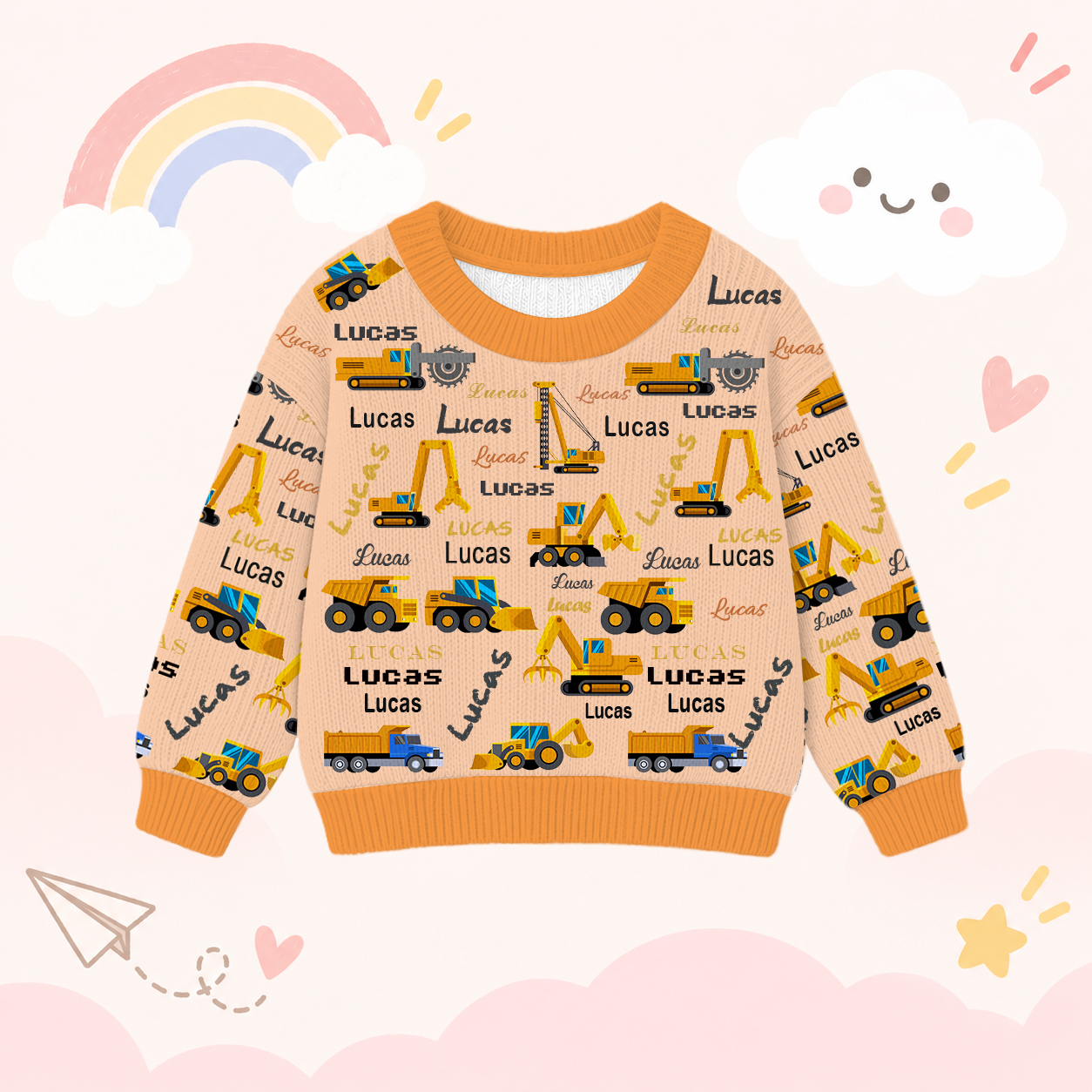 Personalized Lovely Kids Construction Vehicle Knit Sweater | CWSweater24