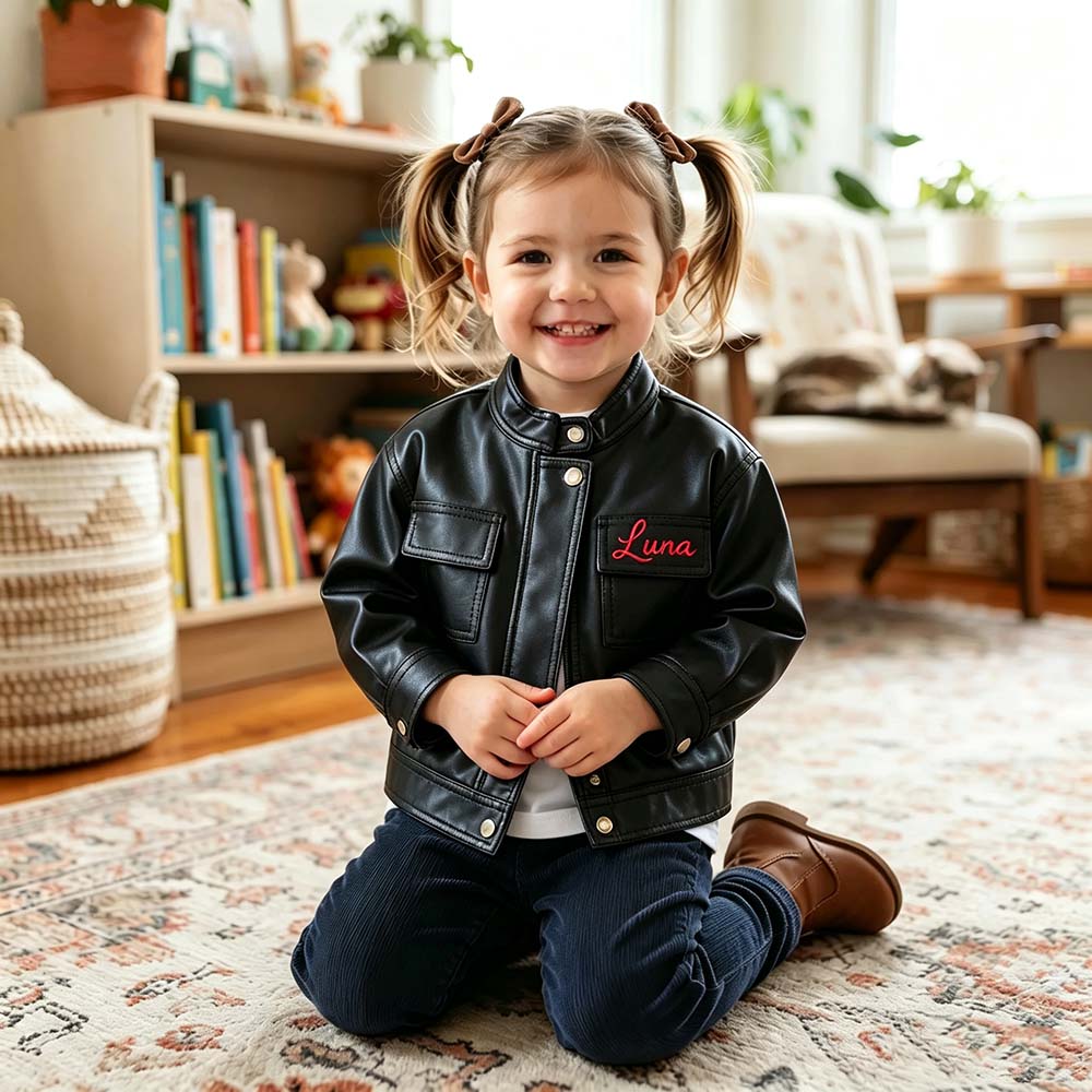 Personalized Embroidered Long-Sleeved Leather Jacket For Girls | CWBaby541
