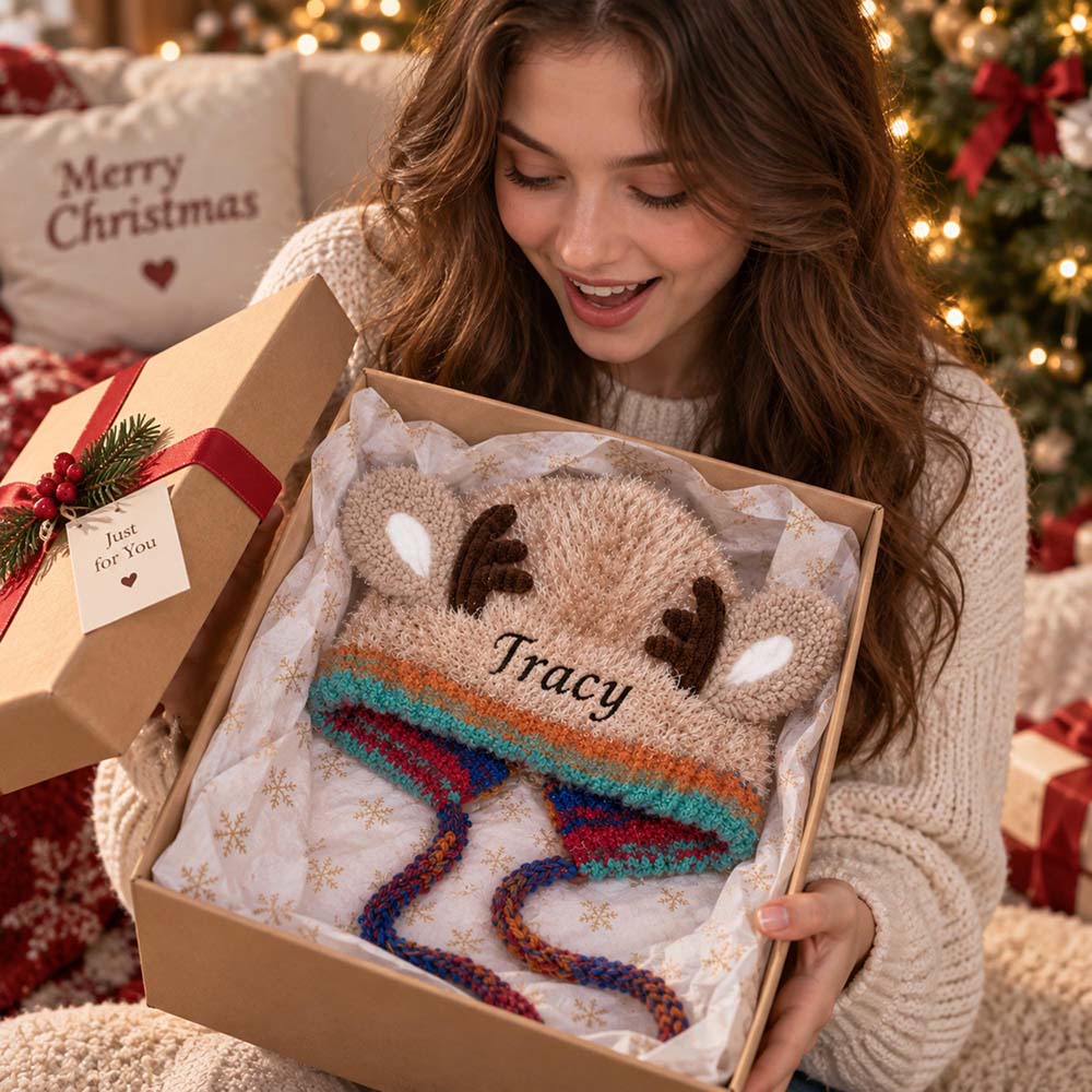 Personalized Embroidered Kids Christmas Reindeer Winter Hat | HSKid106
