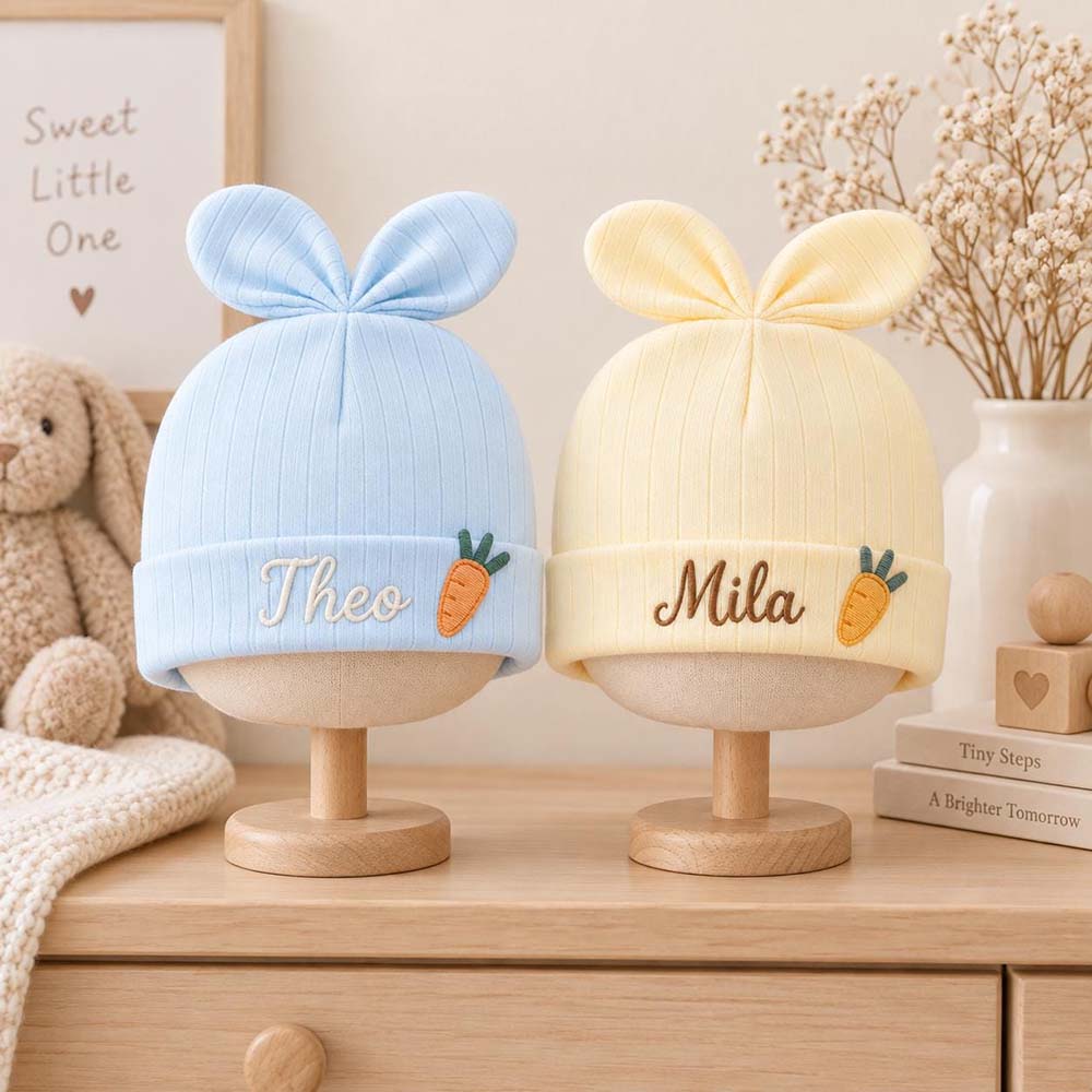 Personalized Embroidered Bunny Ears Baby Beanie Hat | HSKid108