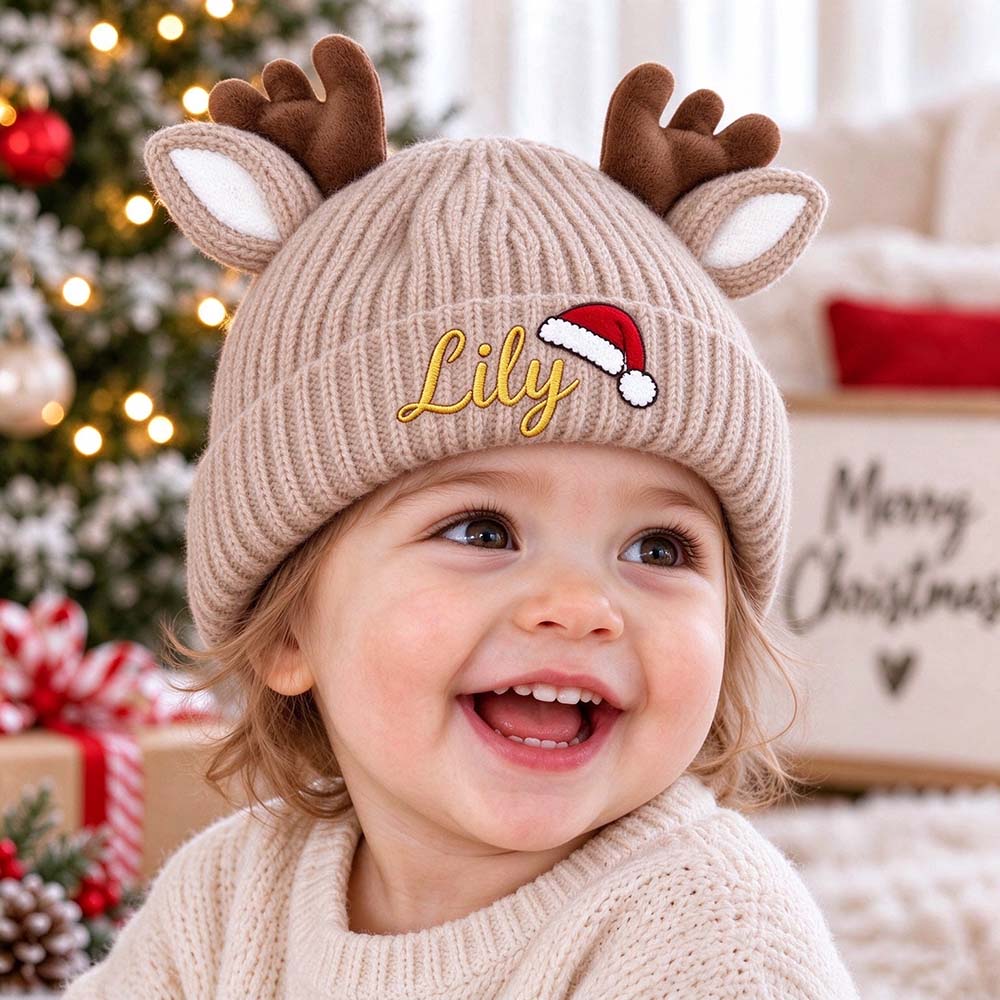 Personalized Embroidery Christmas Reindeer Beanie For Toddler Kids | MCGift429