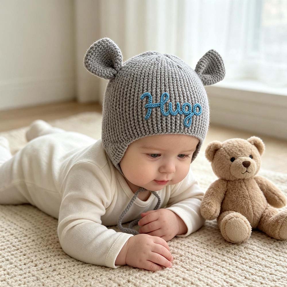 Personalized Hand Embroidered Bear Ears Baby Knit Beanie Hat | CWBaby563