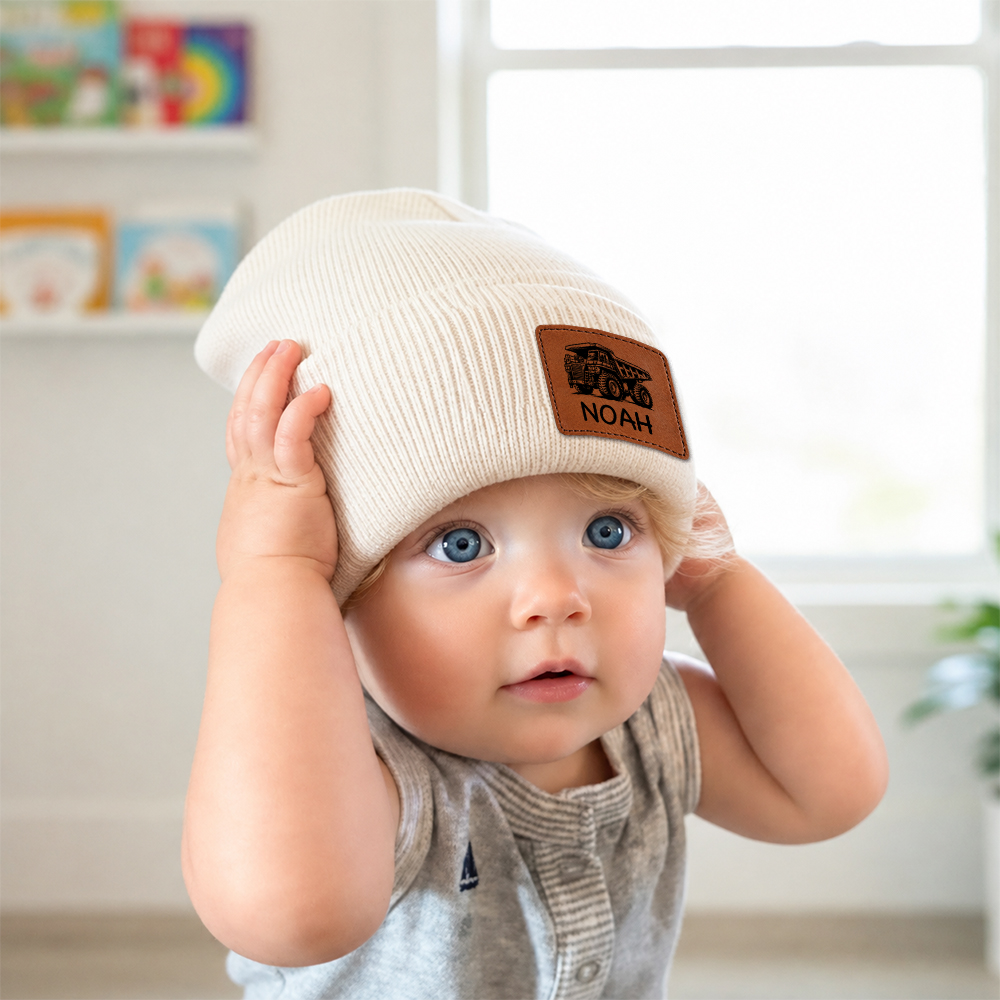 Personalized Kids Dinosaur & Excavator Leather Patch Beanie Hat | HSKid100