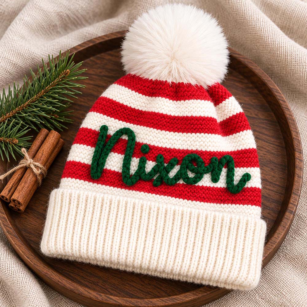Personalized Hand Embroidery Kids Stripe Pom Pom Beanie Hat | MCGift441