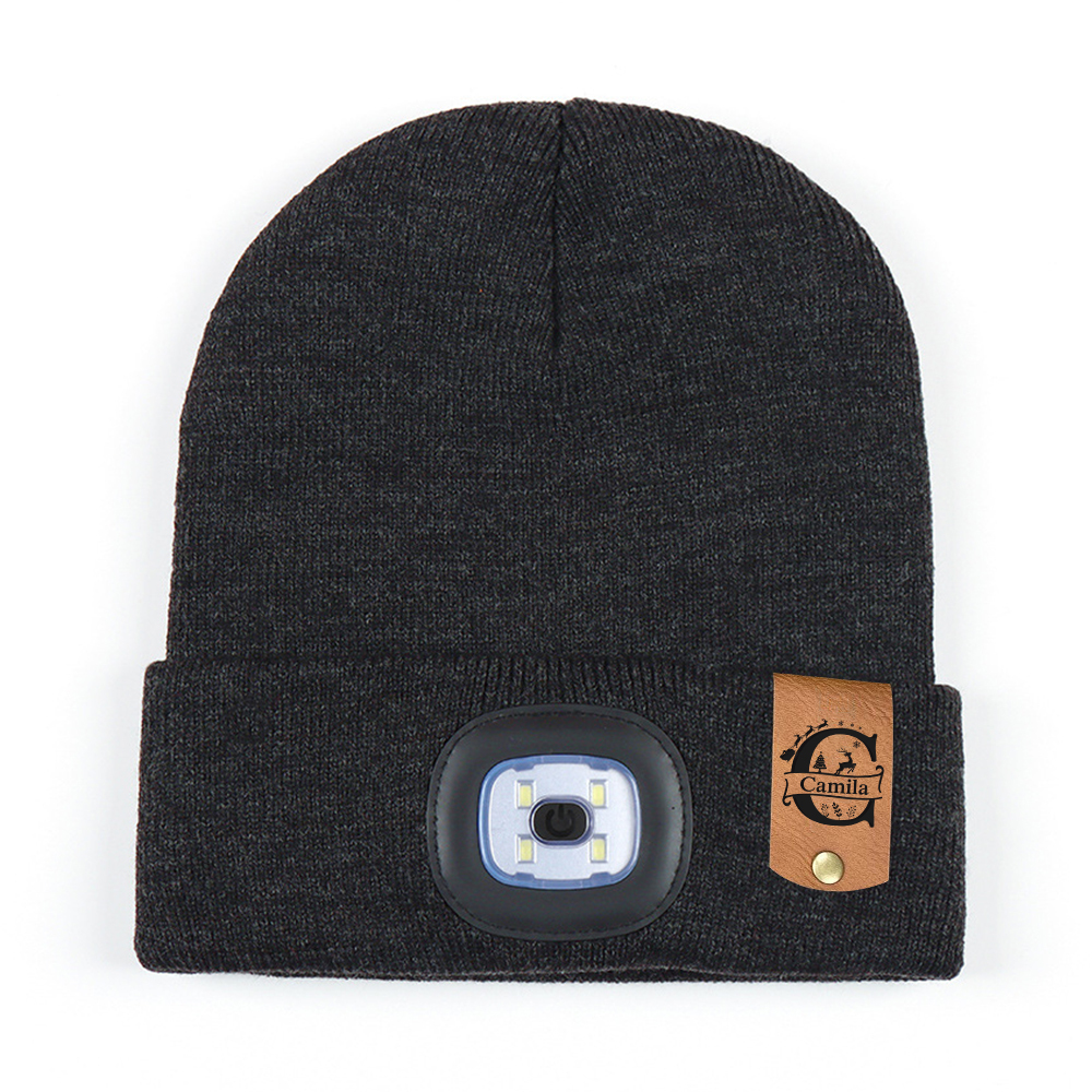 Personalized Kids Leather Tag Beanie with Headlamp | HSKid32