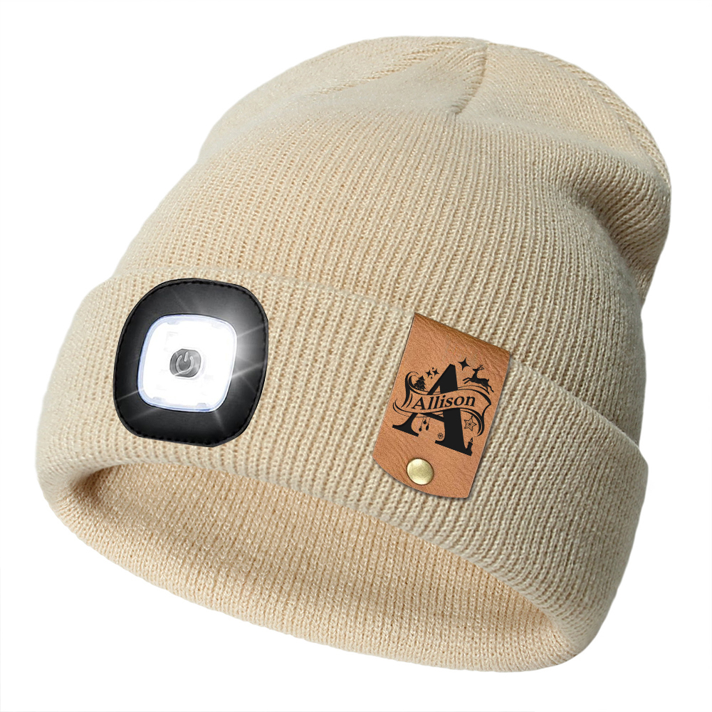 Personalized Kids Leather Tag Beanie with Headlamp | HSKid32