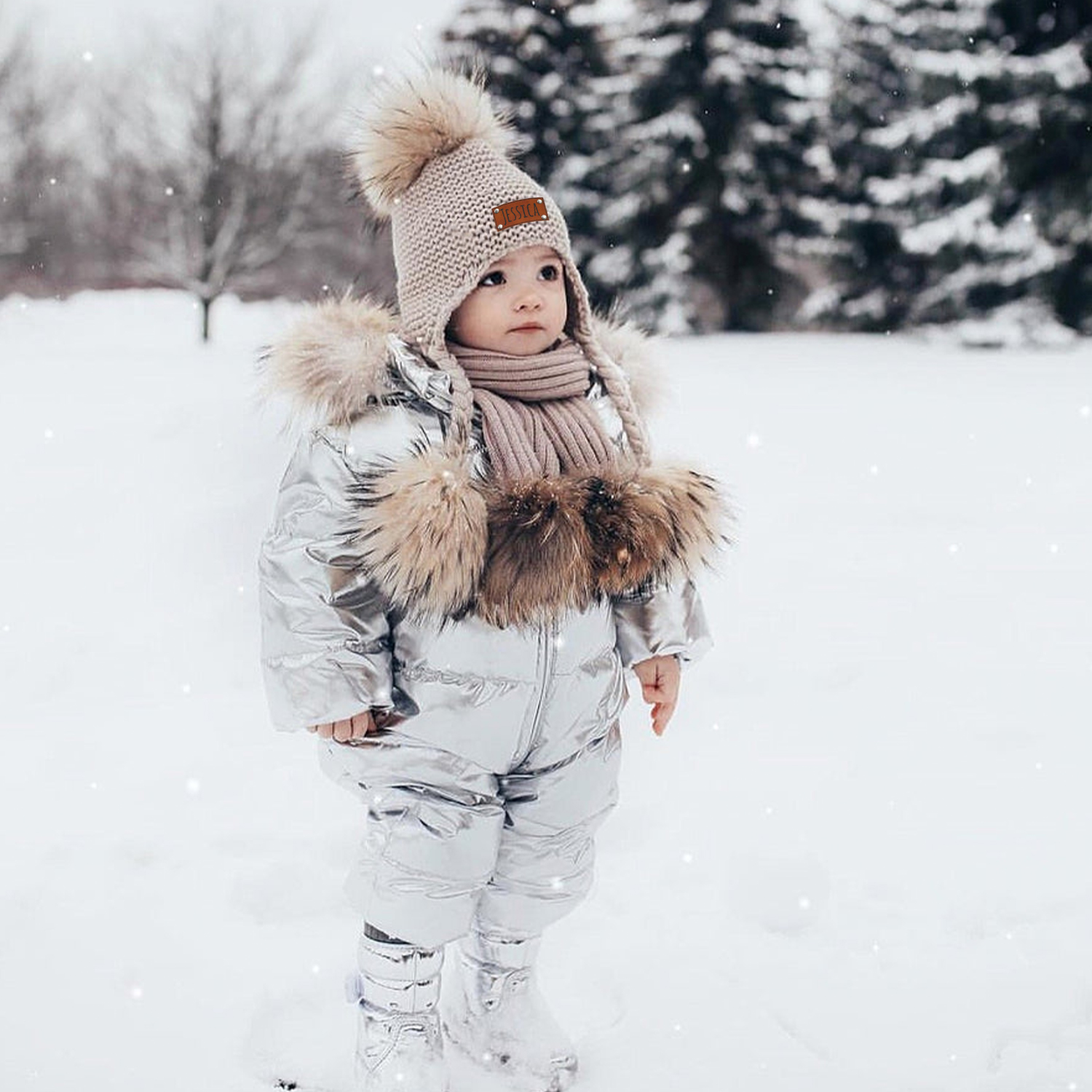 Personalized Leather Patch  Pom Pom Knit Hat With Tassels | HSKid46