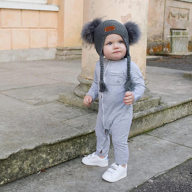 Personalized Leather Patch Pom Pom Knit Hat With Tassels | HSKid47