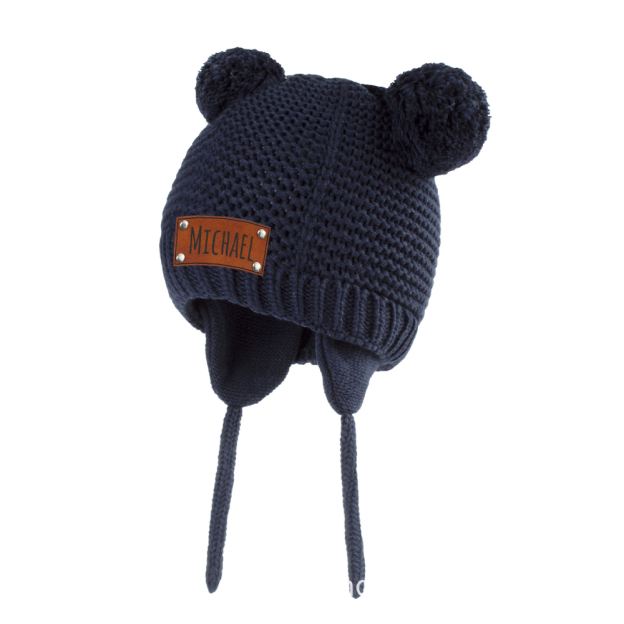 Personalized Leather Patch Pom Pom Knit Hat With Tassels | HSKid50