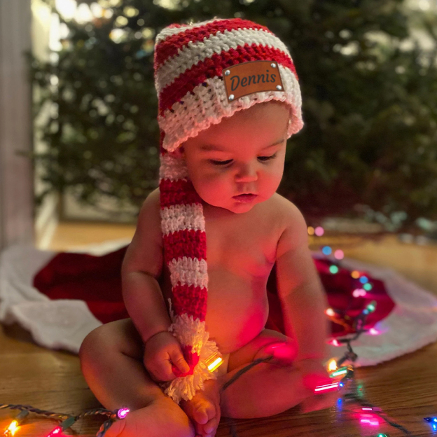 Personalized Leather Patch Christmas Long Tail Hat | MCGift89