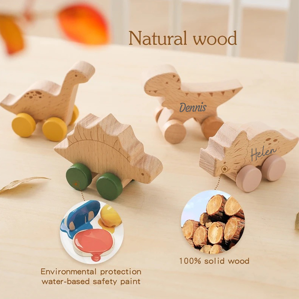 Personalized Natural Wooden Early Education Dinosaur Cars Toy Trolley | CWToy103