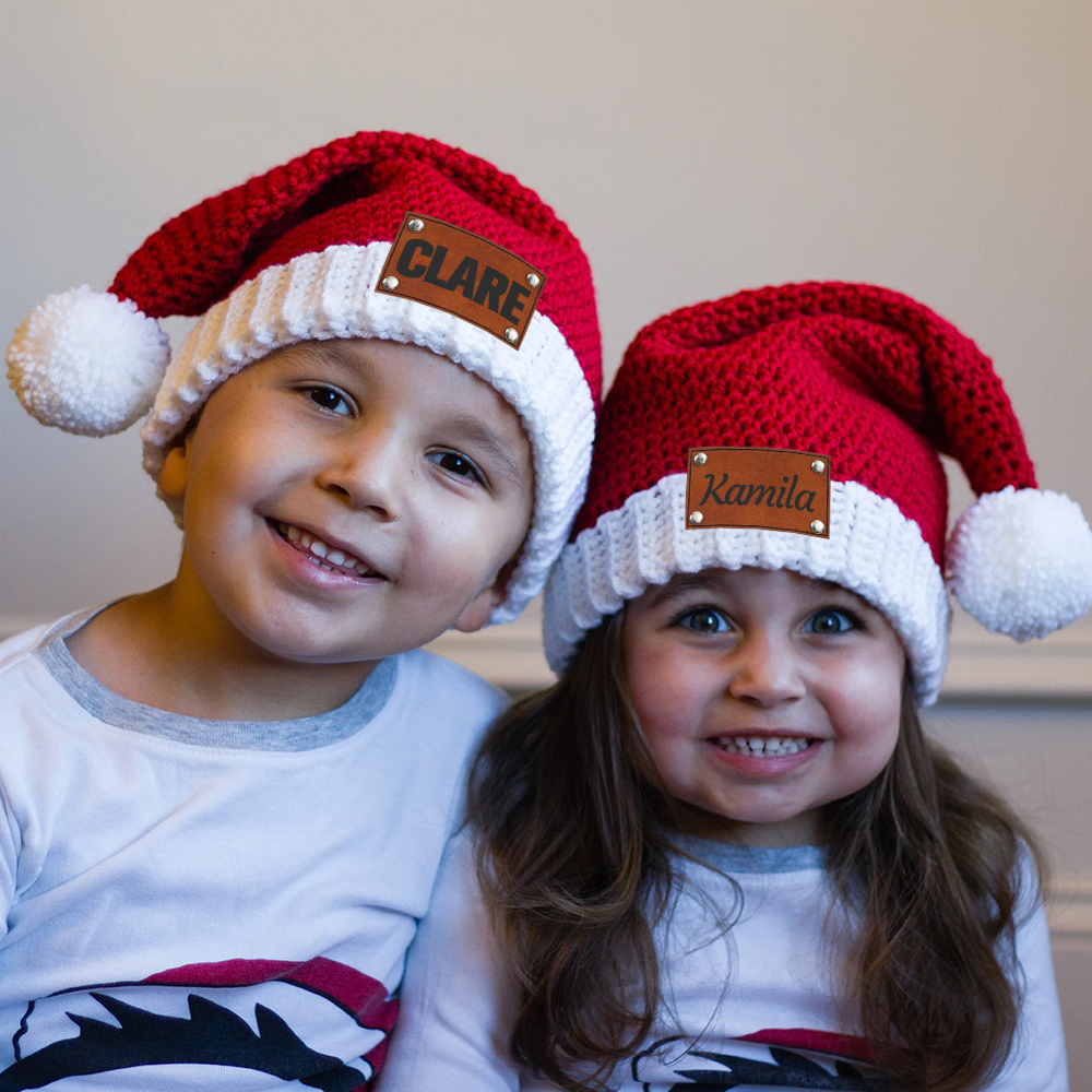 Personalized Leather Patch Crochet Christmas Santa Hat | MCGift98