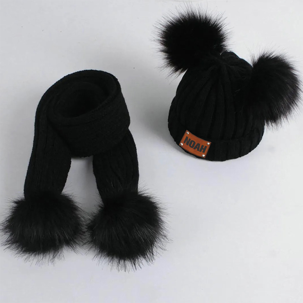Personalized Leather Patch Kid Pom Pom Hat and Scarf | HSKid0101