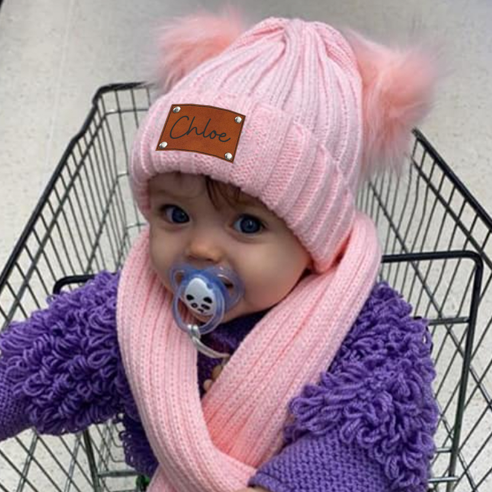 Personalized Leather Patch Kid Pom Pom Hat and Scarf | HSKid0101