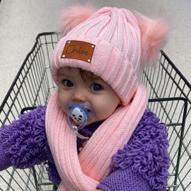Personalized Leather Patch Kid Pom Pom Hat and Scarf | HSKid0101