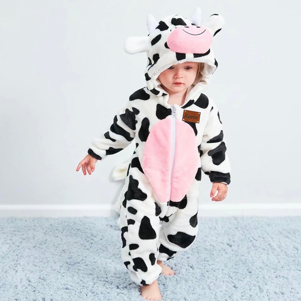 Personalized Leather Patch Baby Animal Romper  | CWBaby122