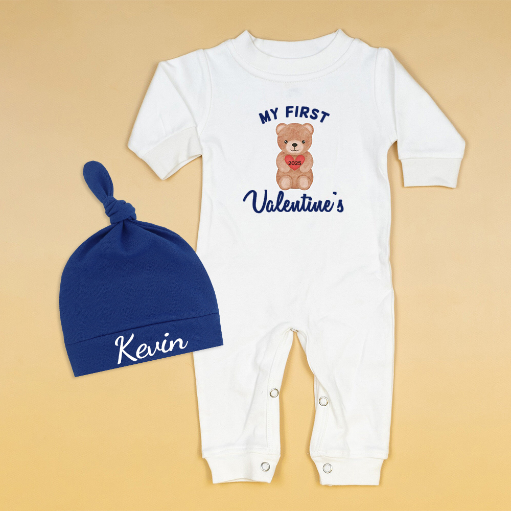 Personalized Baby First Valentine Ropmer and Hat Set | CWBaby127