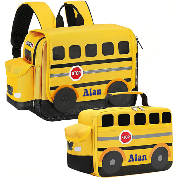 Personalized 3D School Bus Backpack with Insulation Lunch Box