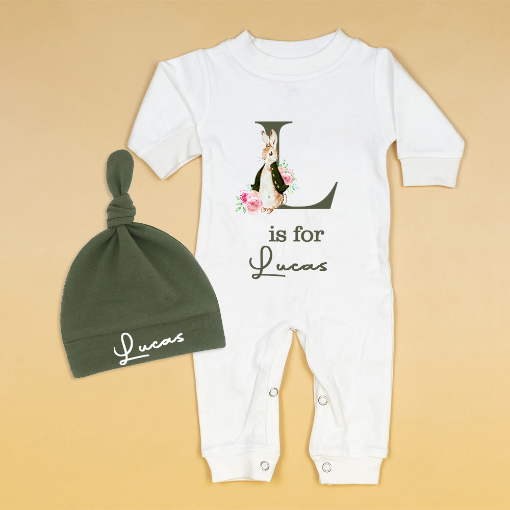 Personalized Baby Bunny Monogram Ropmer and Hat Set | CWBaby140