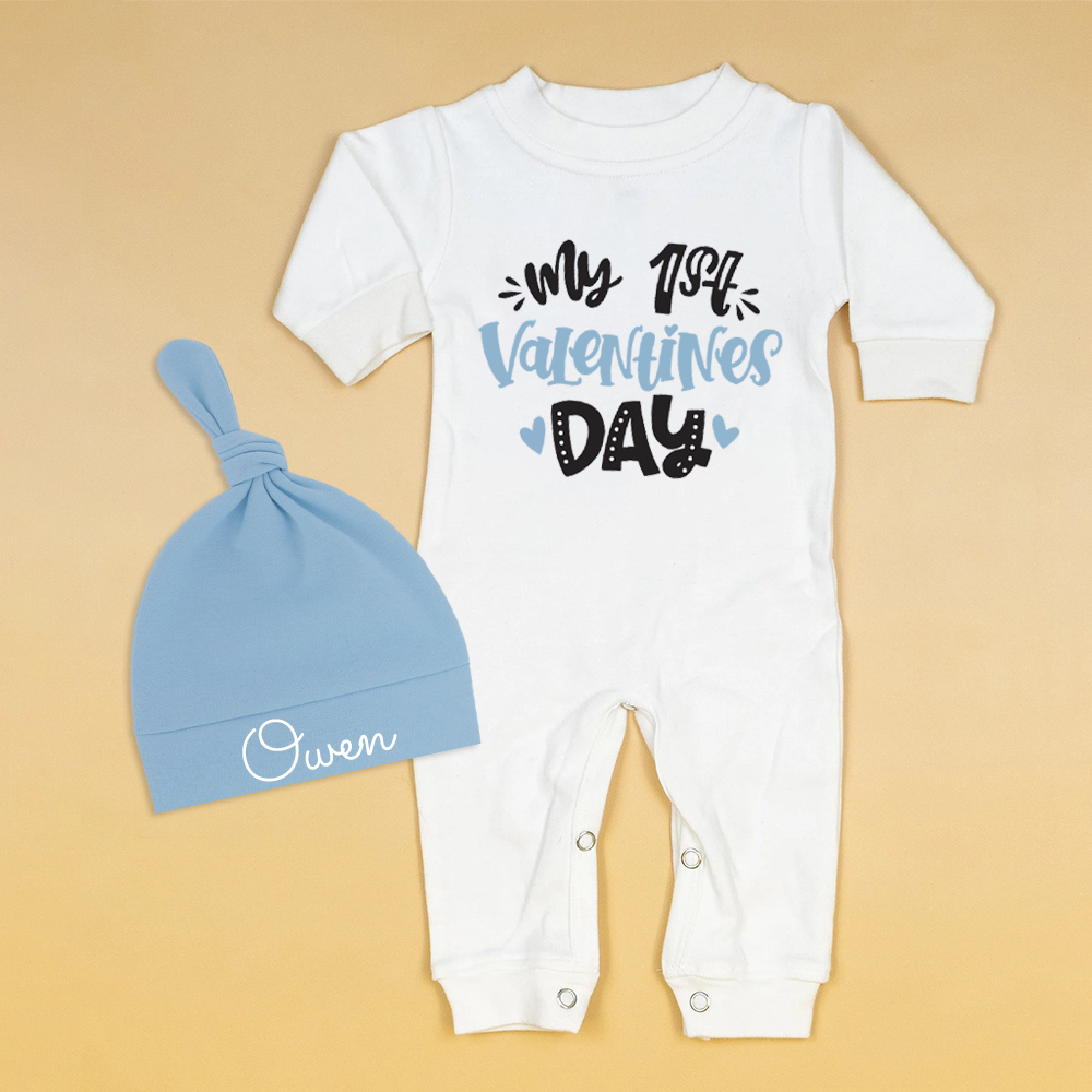 Personalized Baby First Valentine Ropmer and Hat Set | CWBaby145