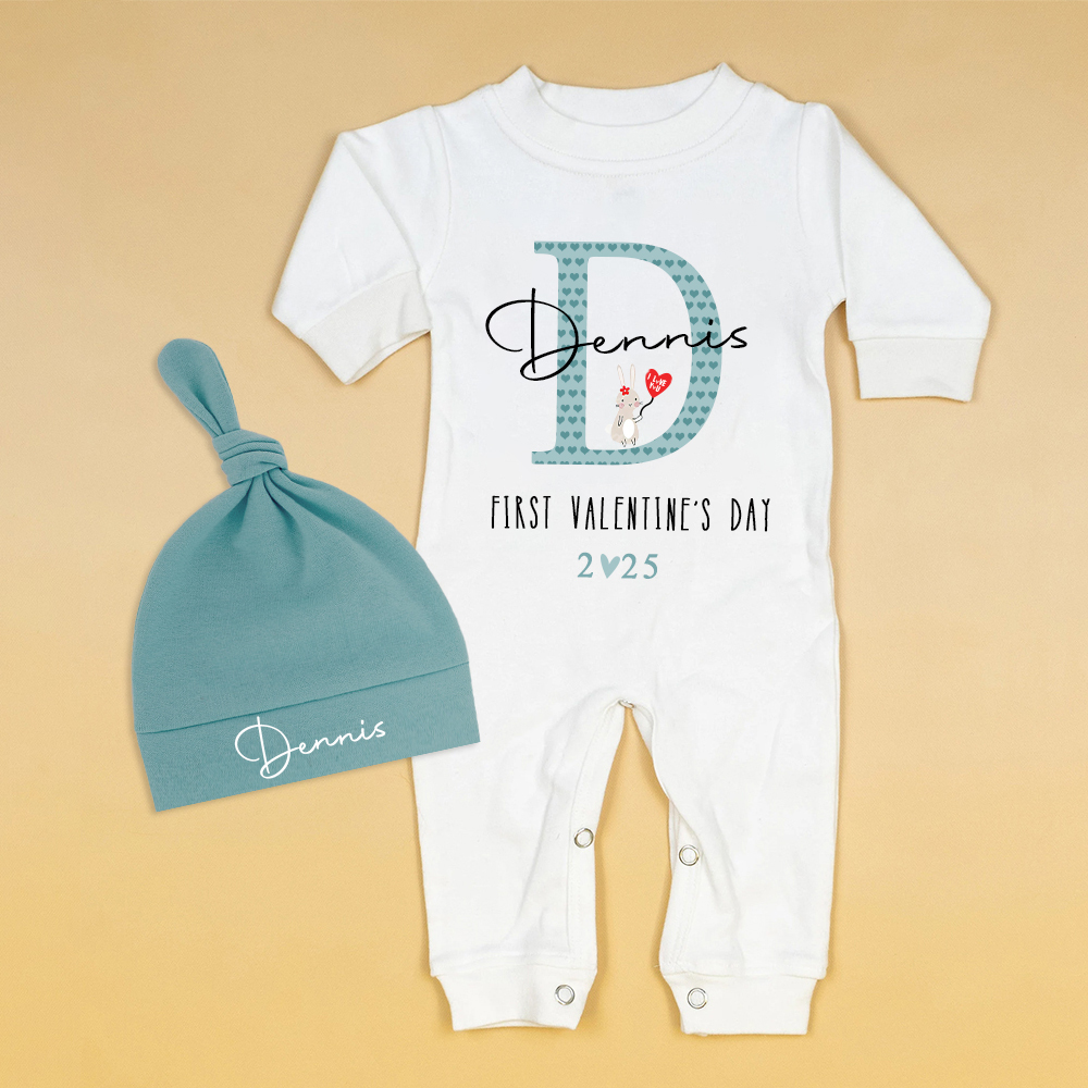 Personalized Baby First Valentine Ropmer and Hat Set | CWBaby147