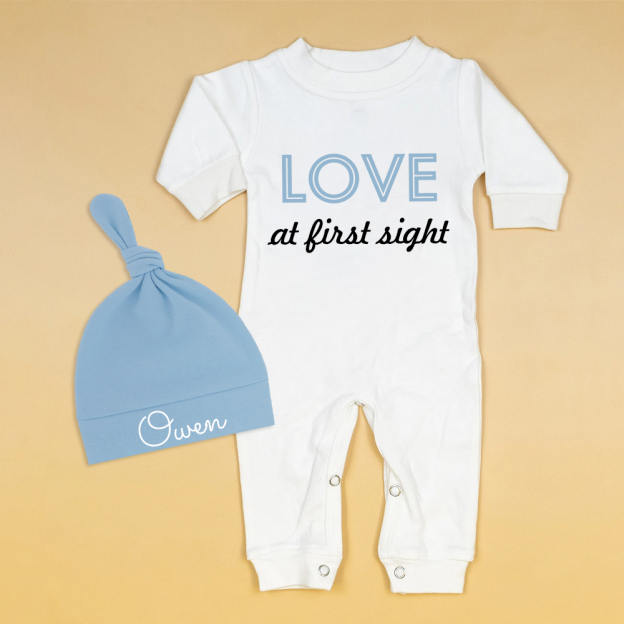Personalized Baby First Valentine Ropmer and Hat Set | CWBaby146