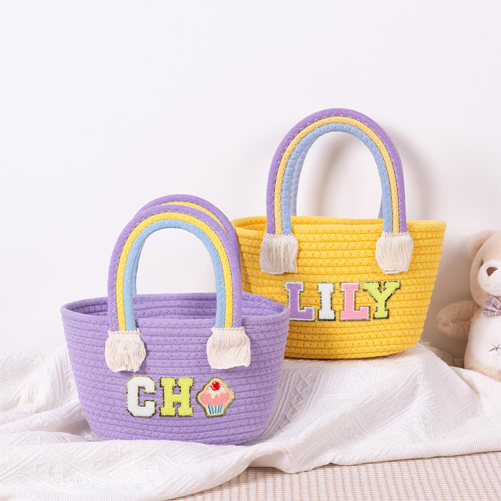 Personalized Kids Chenille Patch Cotton Rope Woven Tote Bag | CWBeach15401
