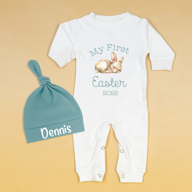 Personalized Baby First Easter Bunny Ropmer and Hat Set | CWBaby183