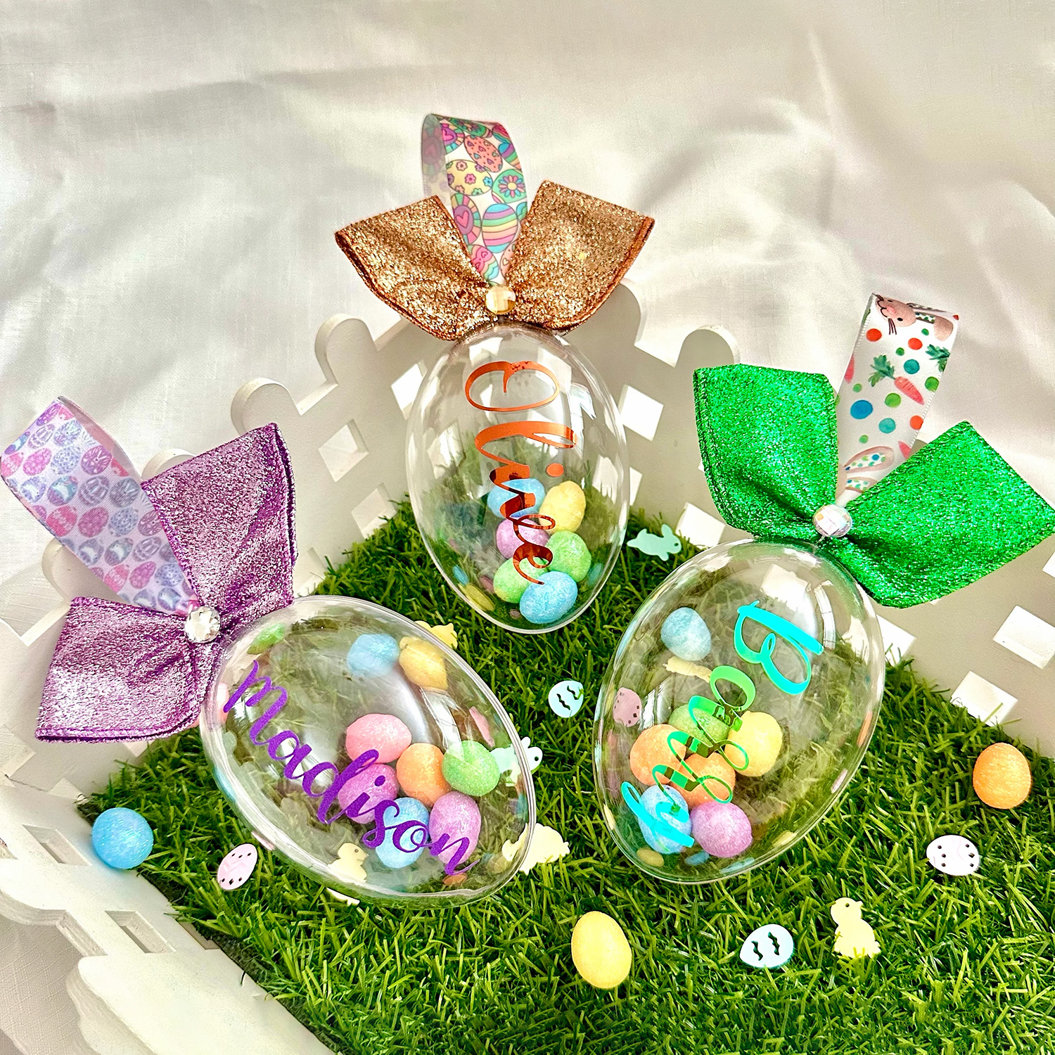 Personalized Shiny Ribbon Bunny Ears Easter Eggs | CWEaster35