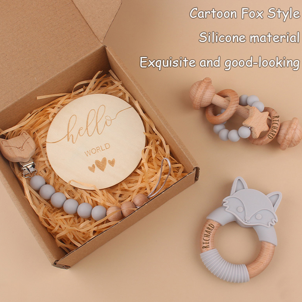 Personalized Baby Wooden Fox Pacifier Clip 4 Pcs Gift Set | CWBaby113