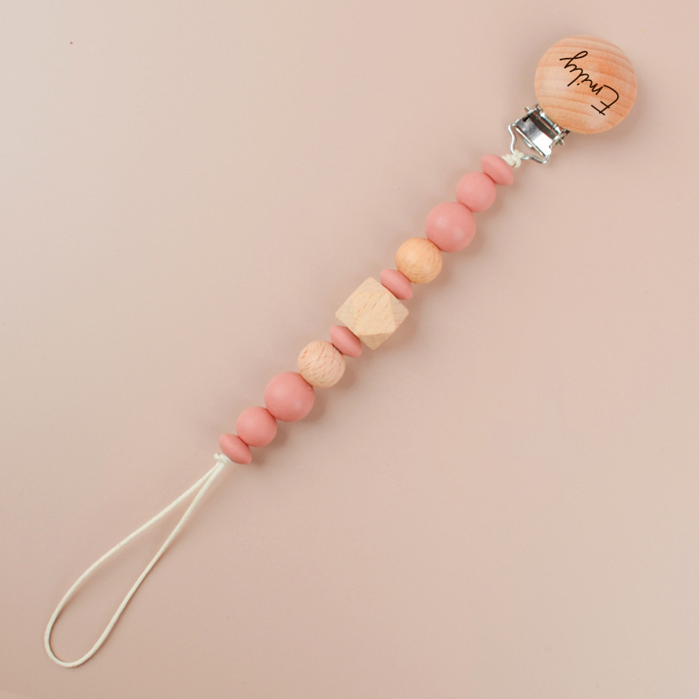 Personalized Baby Pacifier Silicone Wooden Bead Clip | CWBaby115