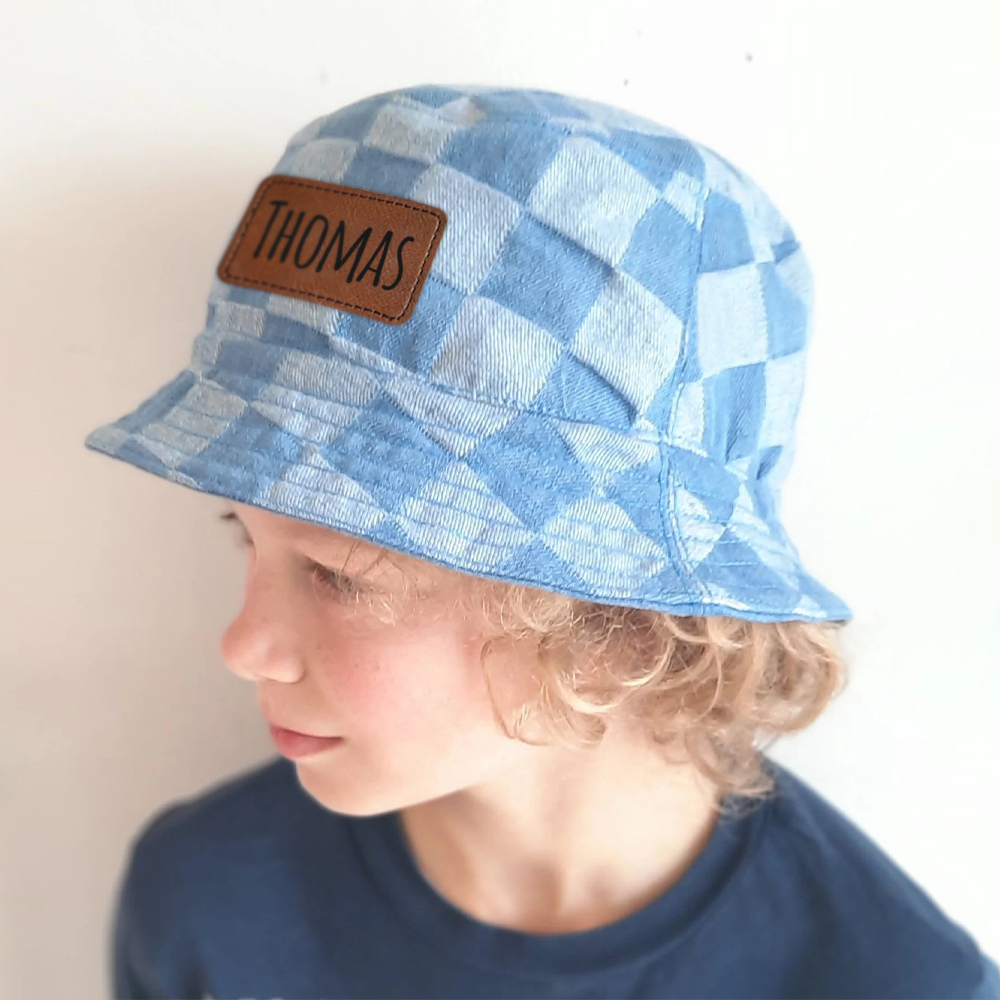 Personalized Leather Patch Checkerboard Denim Bucket Hat for Comfort & Unique | CWBeach175