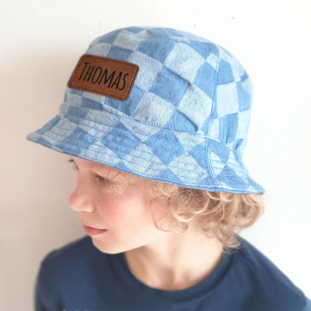 Personalized Leather Patch Checkerboard Denim Bucket Hat for Comfort & Unique | CWBeach175