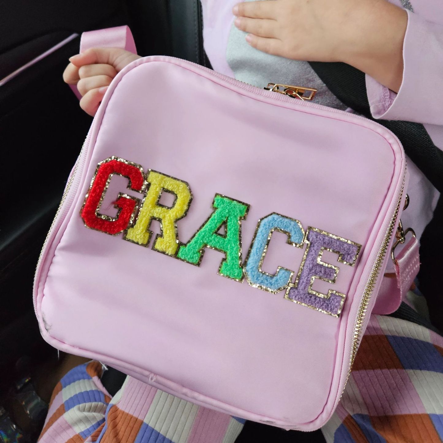 Personalized Chenille Letter Lunch Bag With Strap