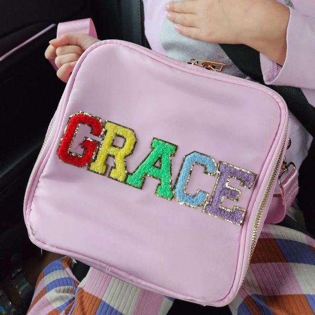 Personalized Chenille Letter Lunch Bag With Strap