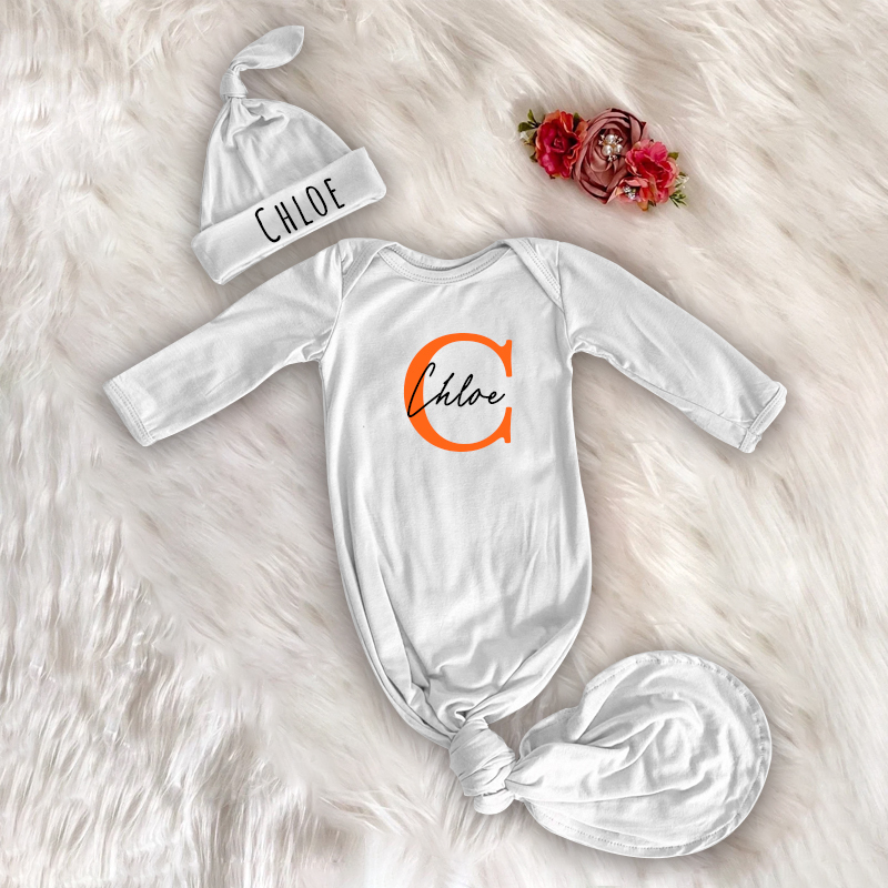 Personalized Cozy Newborn Gown with Knotted Hat | CWbaby33