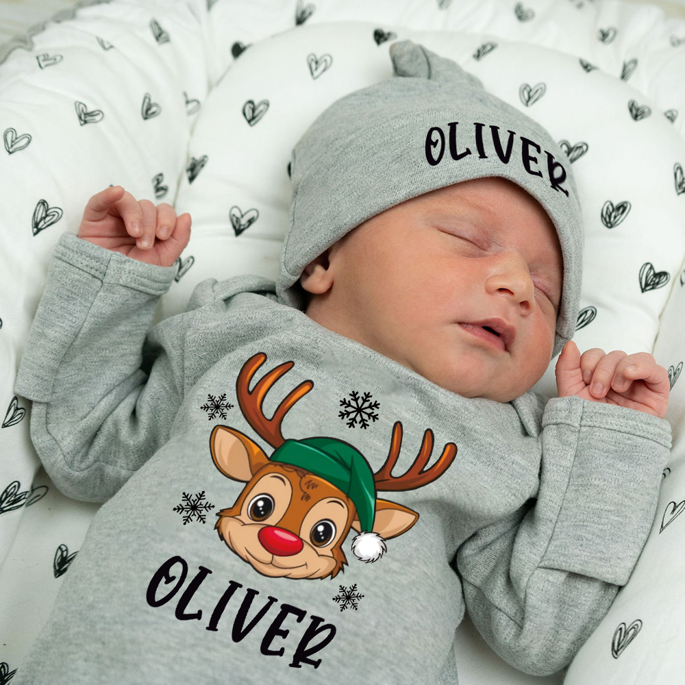 Personalized Baby Christmas Adorable Elk Romper and Hat Set | MCGift233