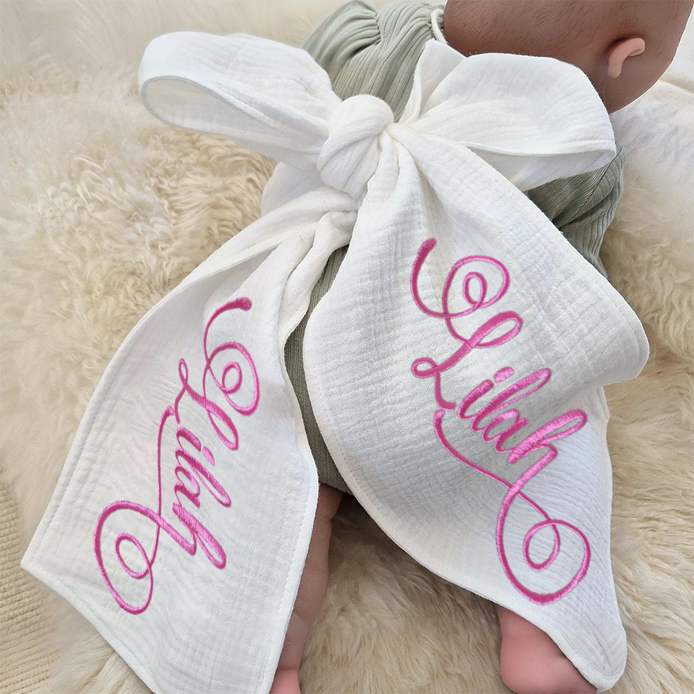 Personalized Embroidery Organic Cotton Yarn Baby Bow Sash | CWBaby261