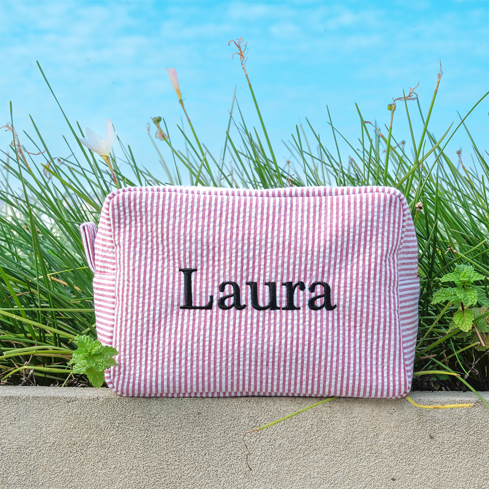 Personalized Embroidered Seersucker Striped Makeup Bag | CWPack295