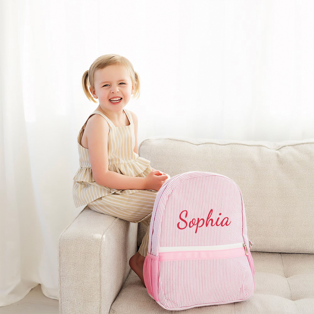 Personalized Chenille Patch Kids Seersucker School Backpack Set