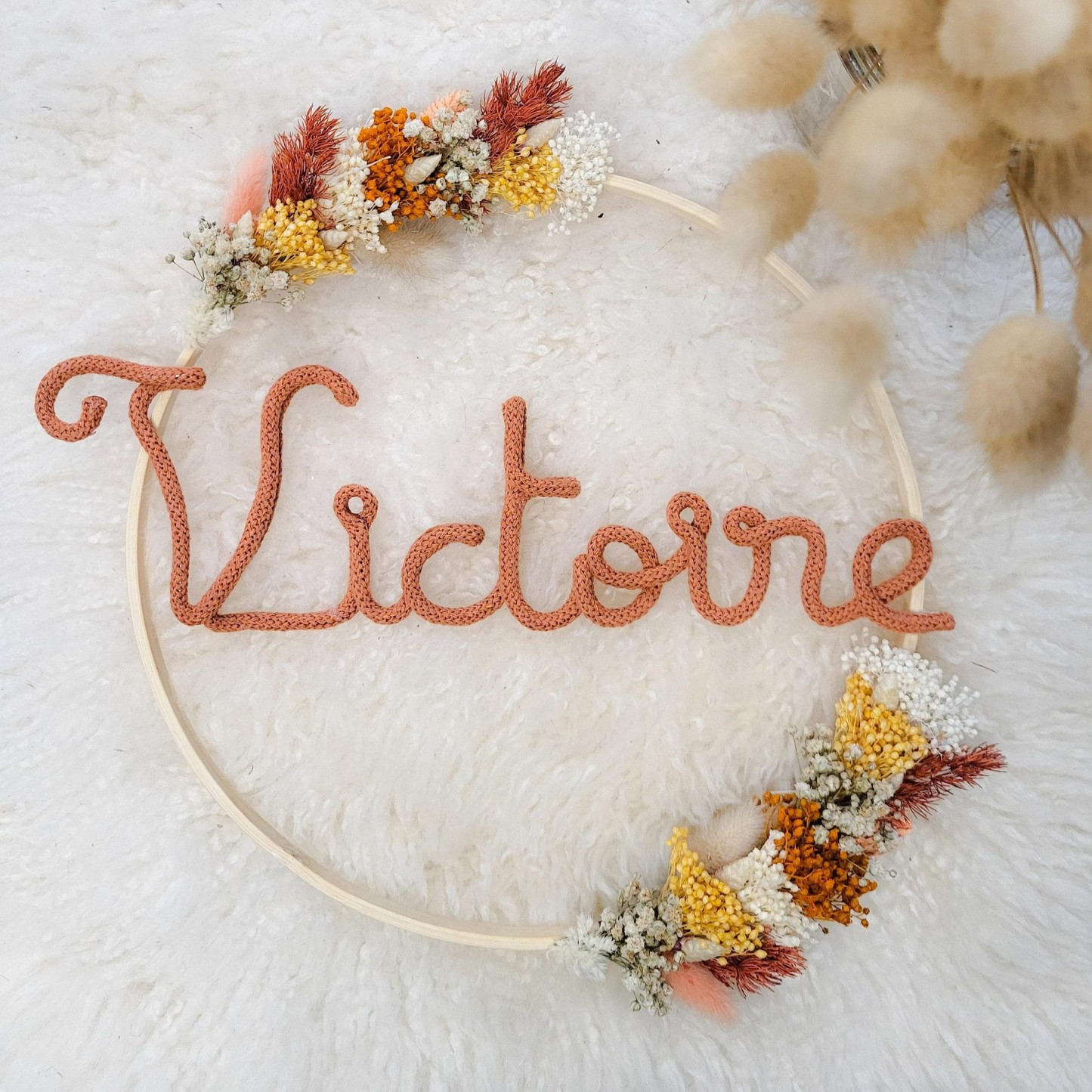 Personalized Knitted Wire Name Sign Crown with Dried Flowers | CWBaby77