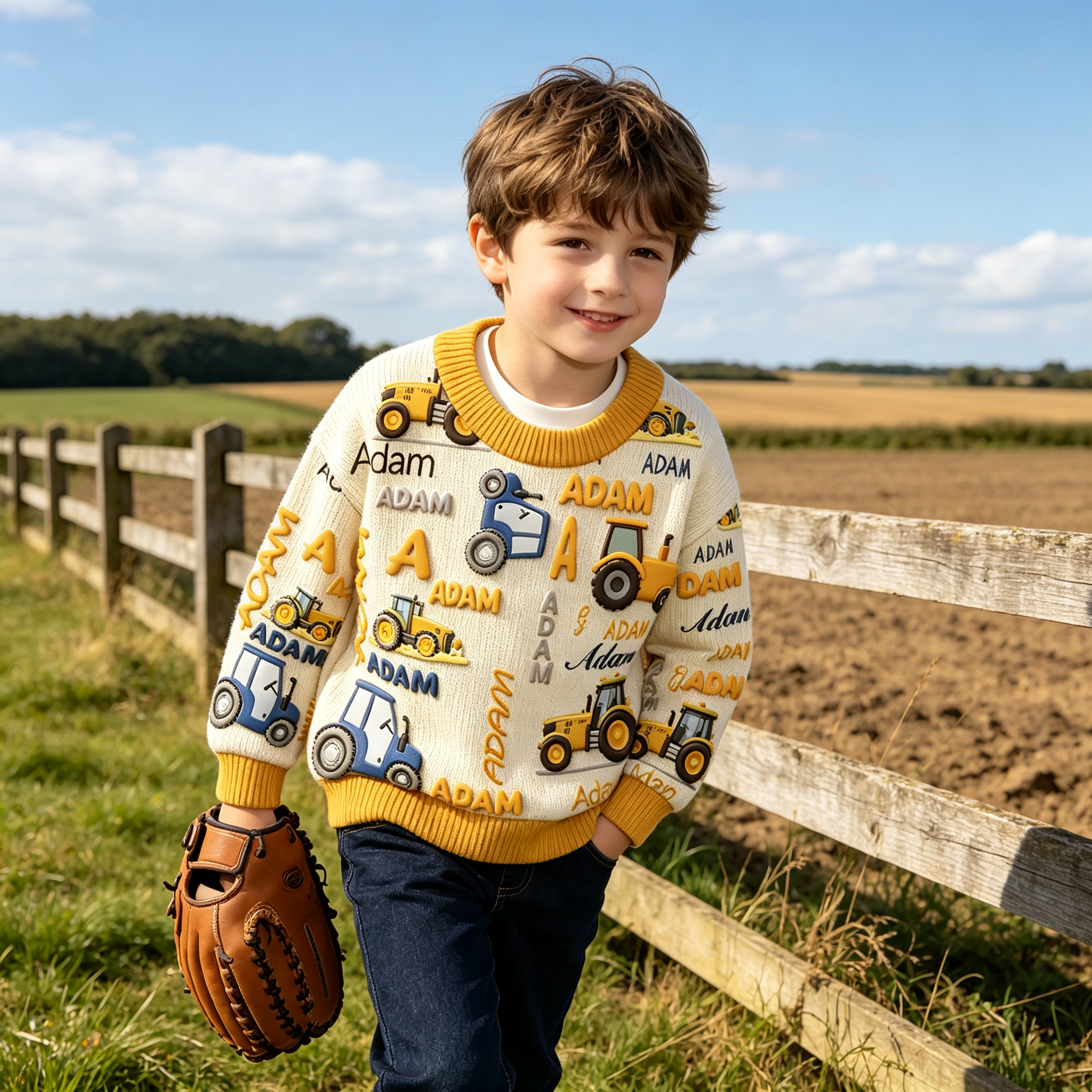 Personalized Lovely Kids Tractor Knit Sweater | CWSweater28