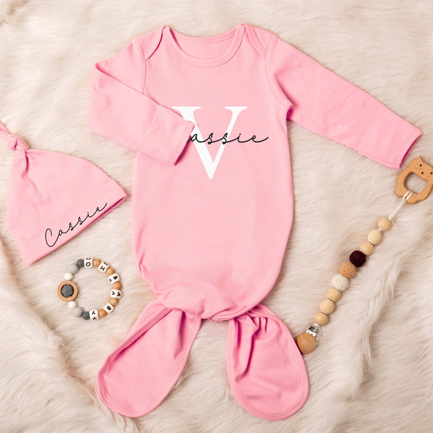 Personalized Cozy Newborn Gown with Knotted Hat | inRomper22