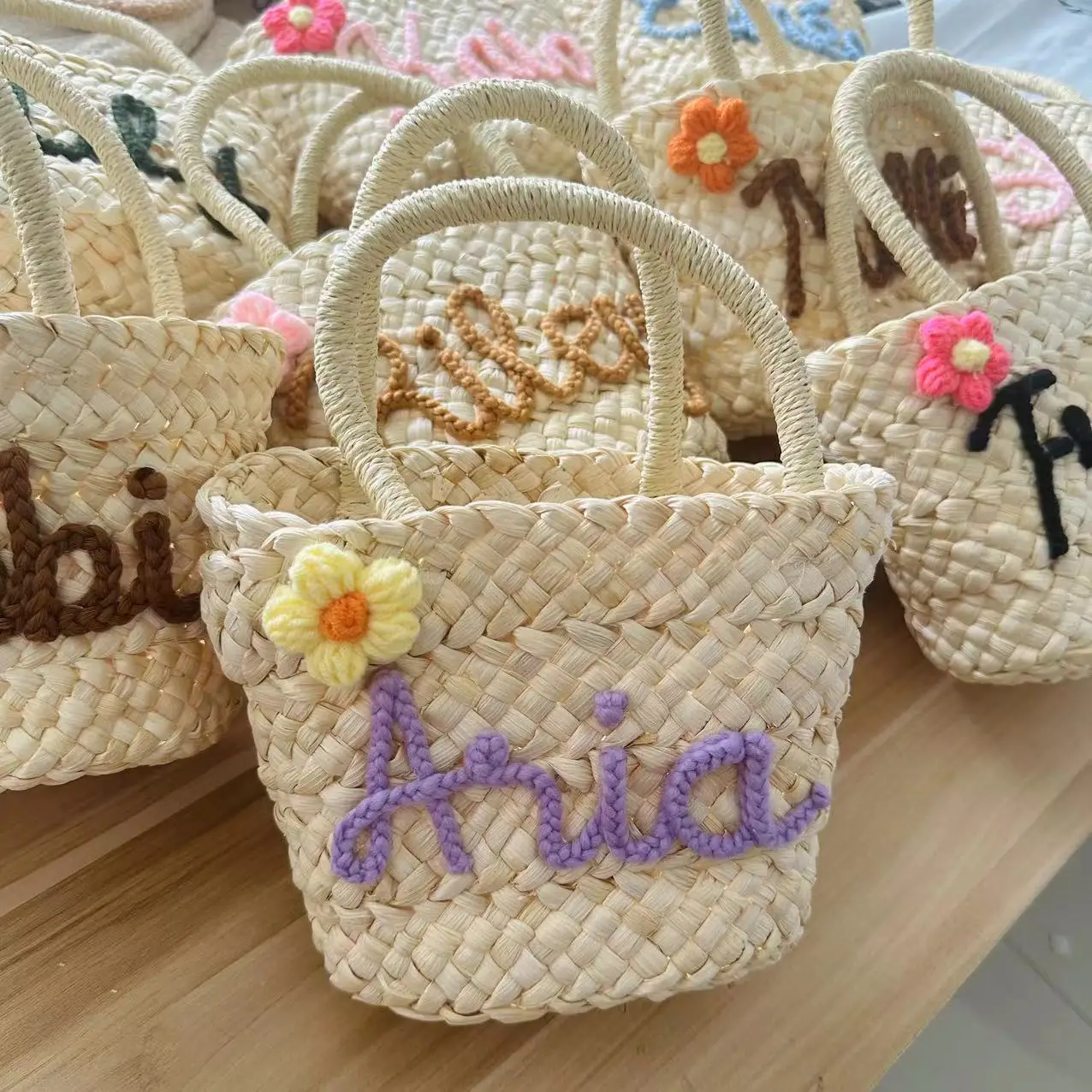 Personalized Knitted Wire Name Floral Straw Beach Bag | CWBeach145
